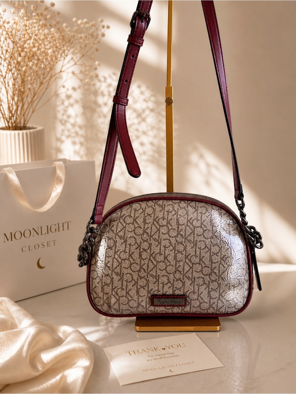 Calvin Klein Cream Monogram Crossbody with Red Trim